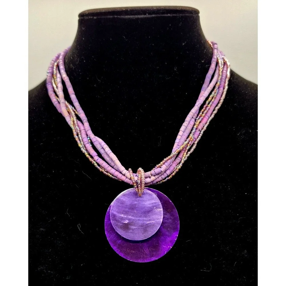 Purple Seed Beaded Necklace with Shell Round Pendant